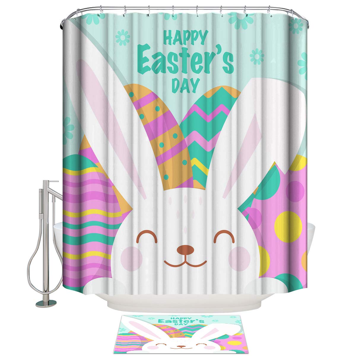 Happy Smile Rabbit Colorful Eggs Shower Curtain & Non-Slip Bath Mat Set - Water Absorbent Polyester Bathroom Accessories for Showers & Bathtubs - Easter Decor & Spring Bathroom Upgrade