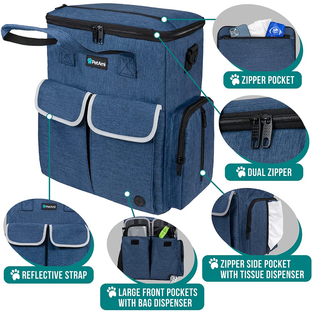 PetAmi Dog Travel Bag - Portable Pet Supplies Organizer for Dogs & Cats - Includes 2 Food Containers, 2 Collapsible Bowls & Feeding Mat - Perfect for Travel, Camping, Hiking & Weekend Trips (Navy Blue)