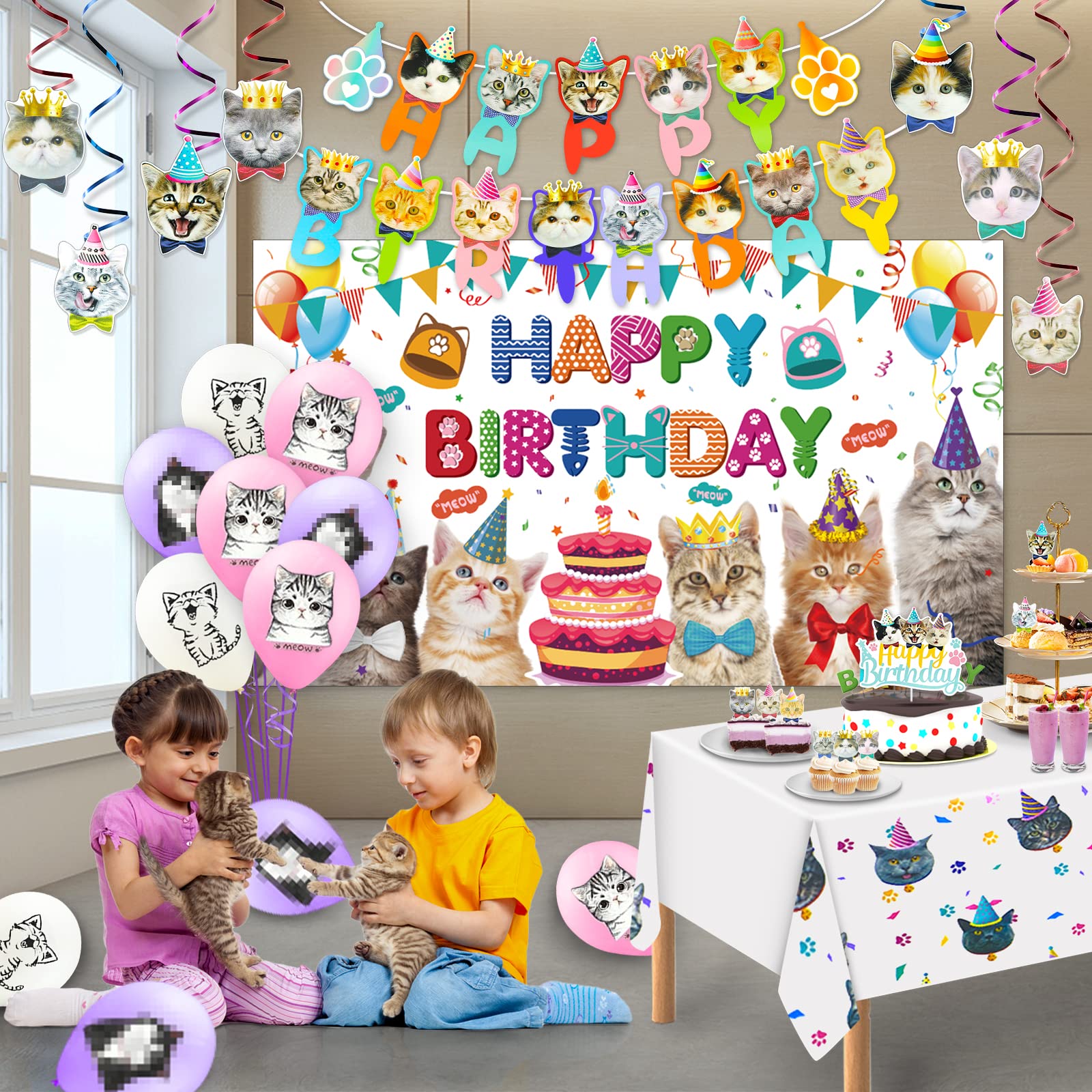 Cat Birthday Party Decorations Set - Includes Backdrop, Banner, Hanging Swirls, Cake Topper & Tablecloth for Kitten Themed Celebrations | Perfect for Girl's Birthday, Kitty Shower & Pet Lover Events