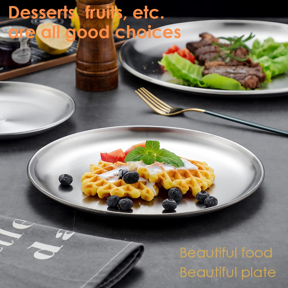 2 Pack 6.7 Inch (17cm) Stainless Steel Round Plates - Silver Metal Dinner Dishes for Camping, Outdoor Picnics, BBQ Parties & Home Dining - Durable & Lightweight