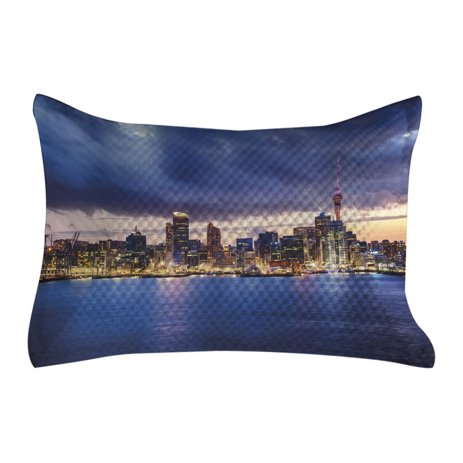 Ambesonne City Quilted Pillow Cover - Auckland New Zealand Waterfront Travel Design, King Size Decorative Pillow Case 36x20 Inches, Navy Blue & Pale Yellow - Perfect for Bedroom Decor, Living Room Accent, and Travel-Themed Home Styling