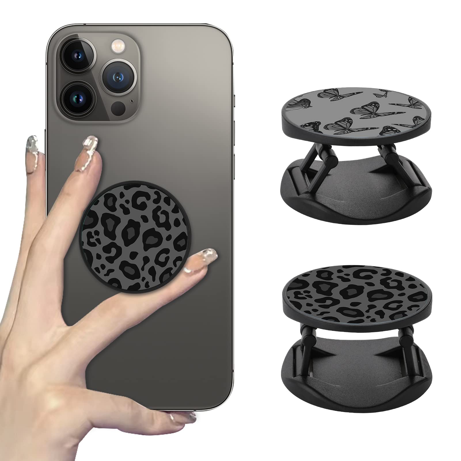 2 Pack Universal Phone Finger Stand Holder & Kickstand - Expandable Grip Compatible with Most Smartphones & Cases (Black Leopard & Butterfly) - Perfect for Watching Videos, Gaming & Hands-Free Use