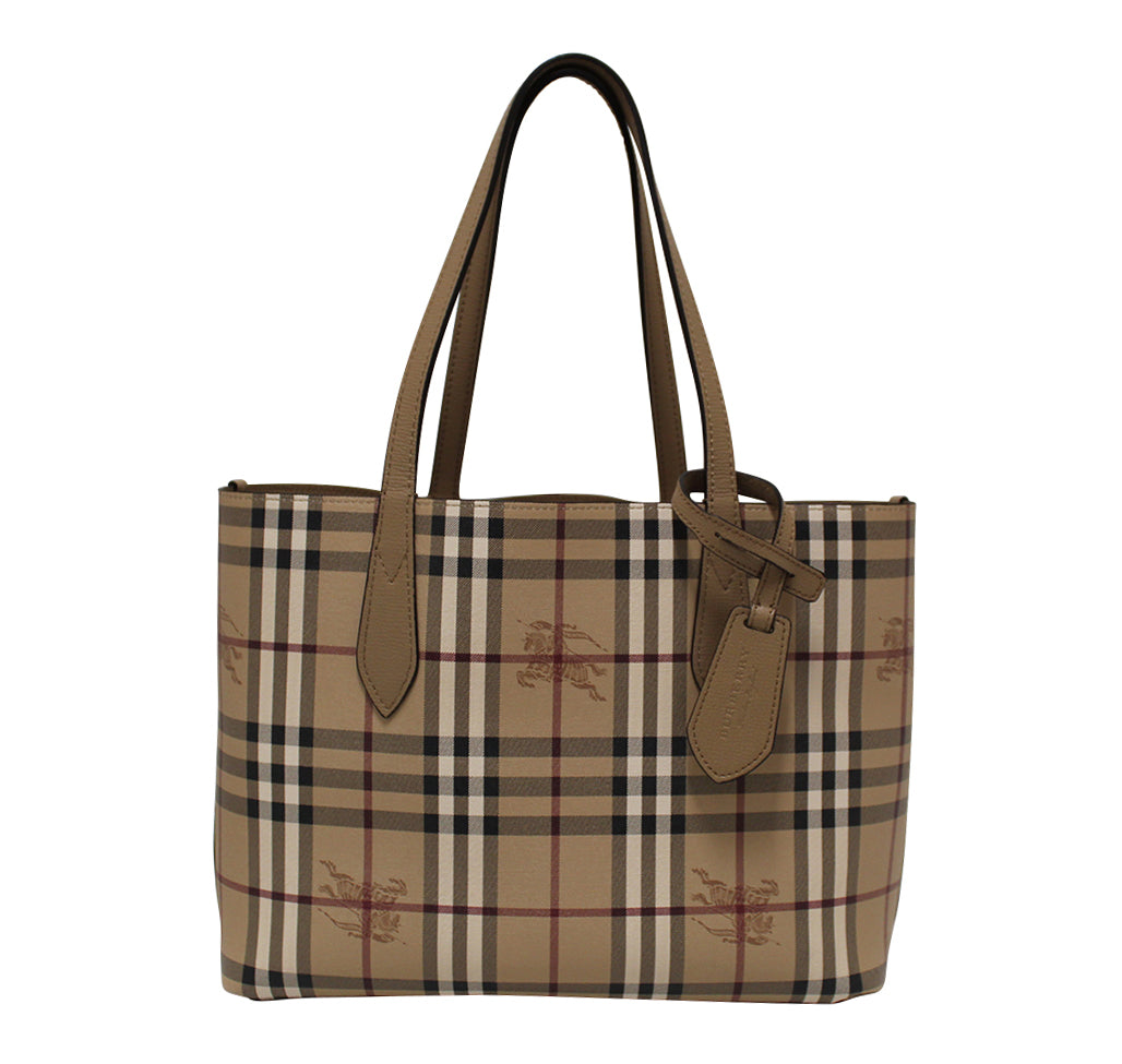 Authentic Burberry Beige Grainy Calfskin Haymarket Check Medium Reversible Tote Bag - Luxury Designer Handbag for Women, Perfect for Work, Travel & Everyday Use