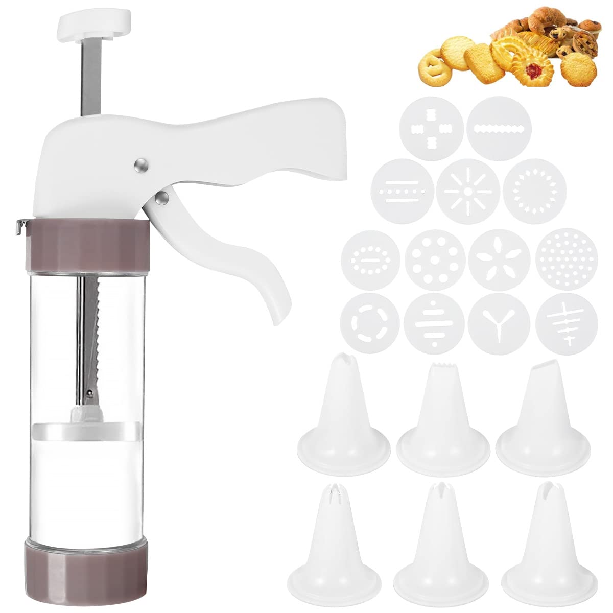 Nicoport Cookie Press Set - 13 Cookie Discs & 6 Icing Nozzles for Baking, Cake Decorating, Churro Making - Perfect for Holiday Cookies, Wedding Cakes & Party Desserts