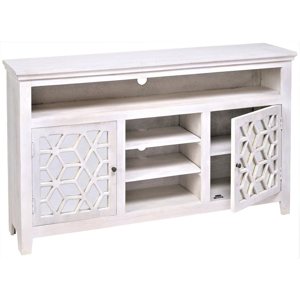 French Arched Hand Carved Indian Solid Wood TV Stand Cabinet in White - Elegant Living Room Entertainment Center for Flat Screen TVs