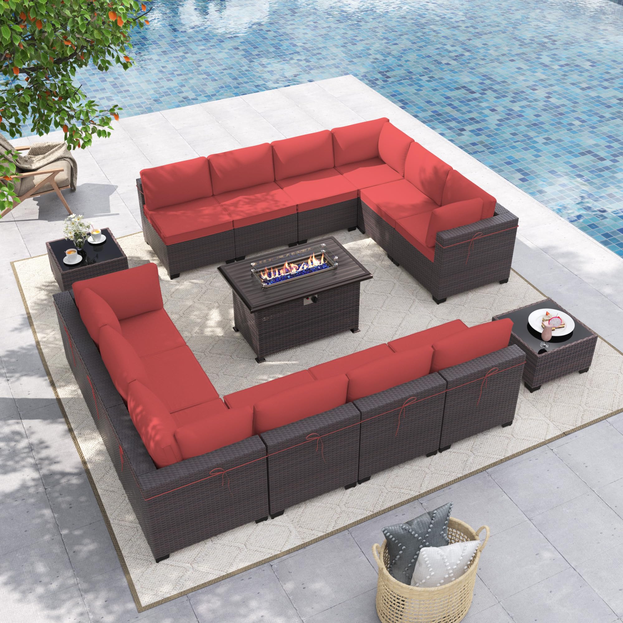 Gotland 15-Piece Outdoor Patio Furniture Set with 43-inch Gas Fire Pit Table - 55,000 BTU Auto-Ignition Sectional Sofa Set with Glass Wind Guard - Perfect for Backyard, Garden, Poolside & Outdoor Entertaining