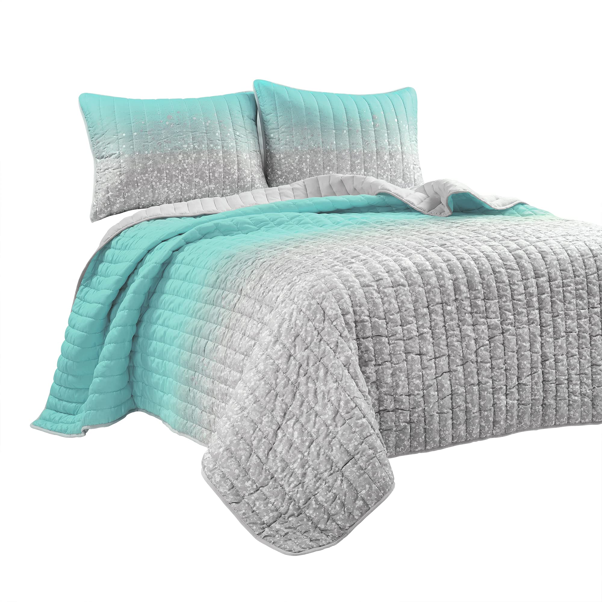 Lush Glitter Ombre Quilt Set - Twin, Aqua Gray for Bedroom Decor