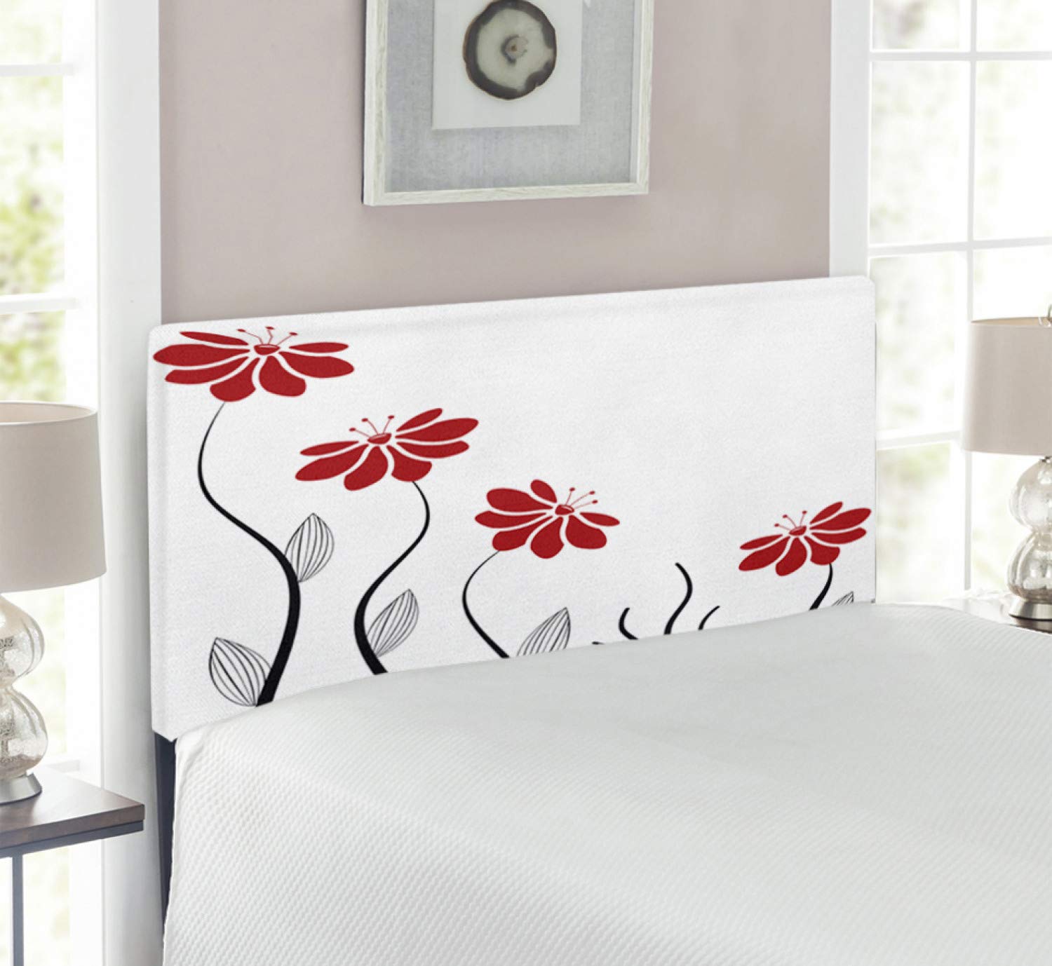 Ambesonne Floral Upholstered Headboard - Modern Geometric Design with Striped Leaves & Lines, Twin Size Metal Bed Headboard with Memory Foam in Red & Black | Perfect for Bedroom Decor, Guest Rooms & Dormitory Style Upgrade