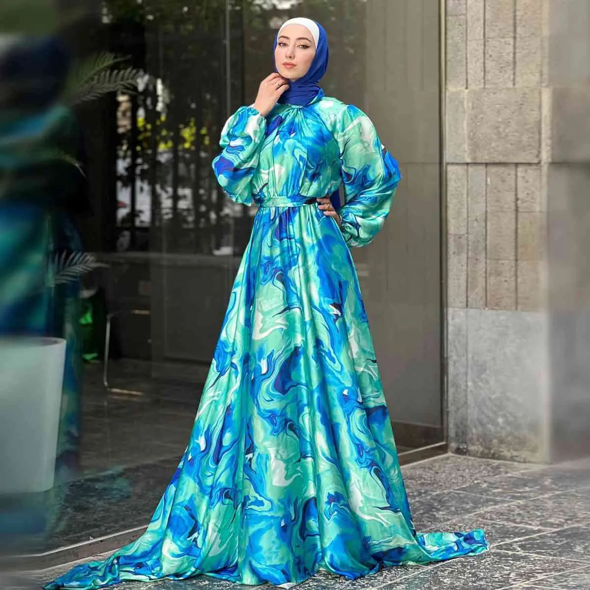Elegant Printed Muslim Women's Satin Abaya Dress - Modest Islamic Prayer Dress for Eid, Wedding & Special Occasions