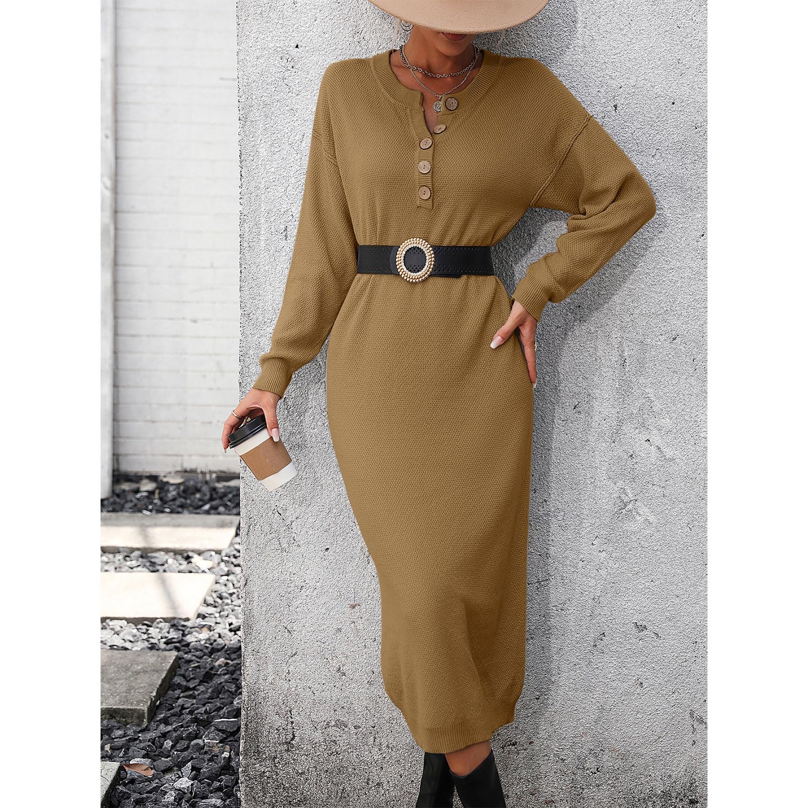 Women's Oversized V-Neck Button Long Sleeve Sweater Dress - Casual Loose Waffle Knit Maxi Pullover for Fall Winter Fashion | Perfect for Office, Date Night & Cozy Home Wear
