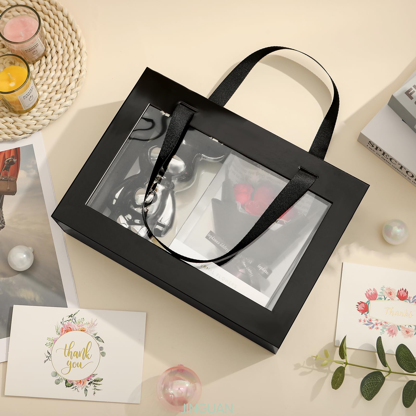 Premium Black Gift Box with Clear Window - Magnetic Closure, Lid & Handle - 10.5x7.5x3 Inches - Elegant Present Box for Groomsman Proposal, Wedding Favors, Birthday Gifts & Special Occasions