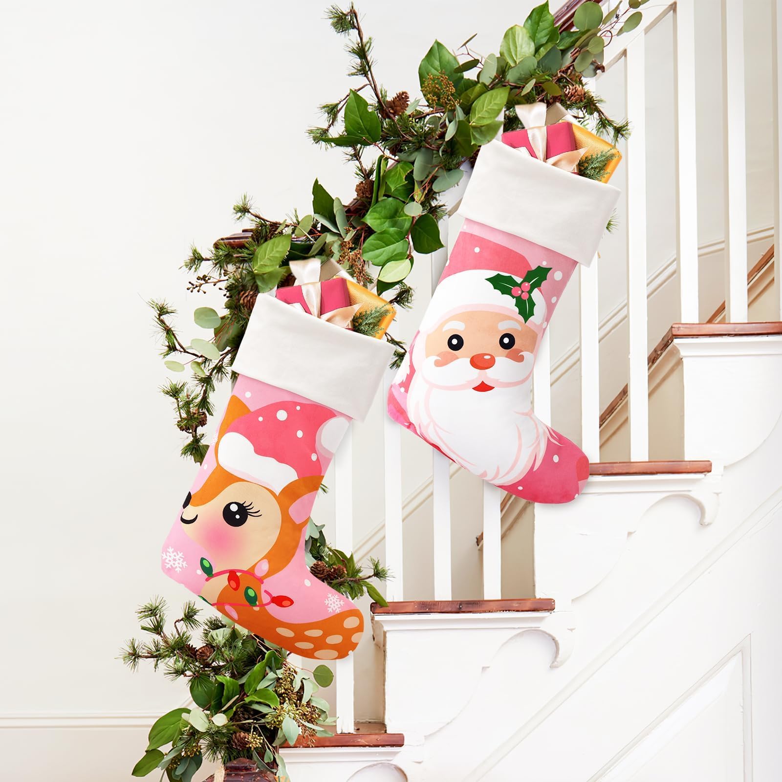 2 Pack Pink Christmas Stockings - Santa Reindeer Holiday Decor for Tree Hanging, Family Winter Decorations | Perfect for Fireplace Mantel, Gift Exchange & Festive Home Decor