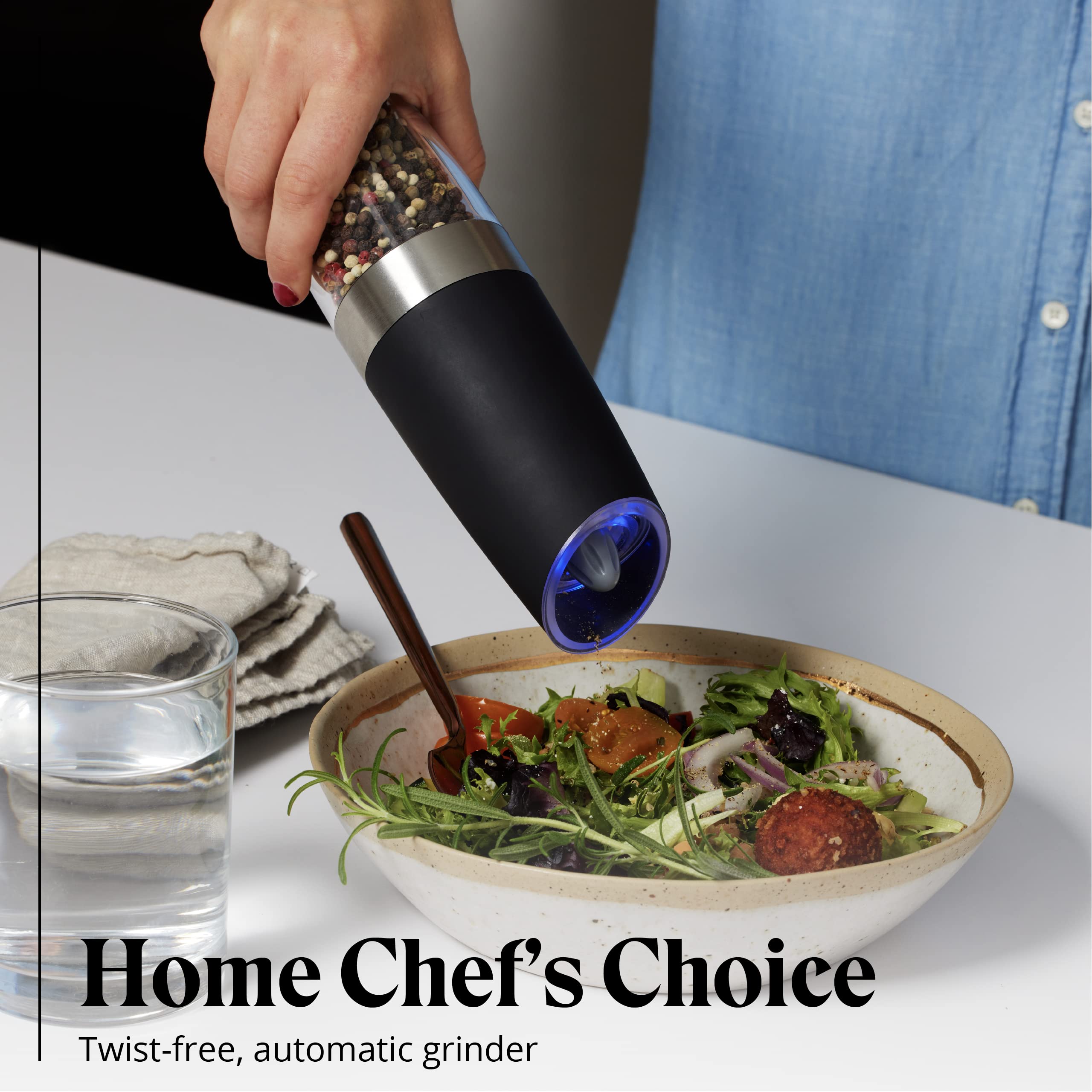 Willow & Everett Electric Salt and Pepper Grinder Set - 2 Pack Battery Operated Automatic Seasoning Mill with Gravity Sensor - Stainless Steel & Black Pepper Shakers for Kitchen, Dining Table & Outdoor Cooking