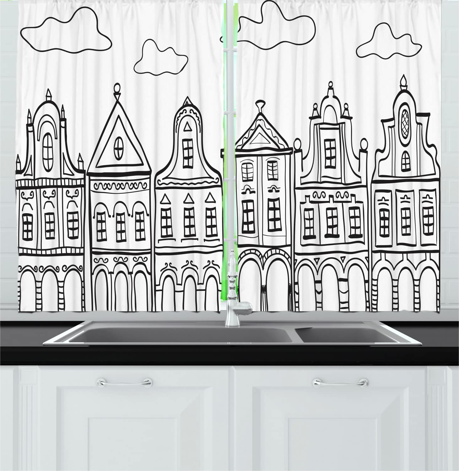Ambesonne Amsterdam Long Kitchen Curtains - Doodle Monochrome Illustration of Dutch Village Houses, 2 Panel Rod Pocket Drapes for Living Room & Bedroom Decor, 55