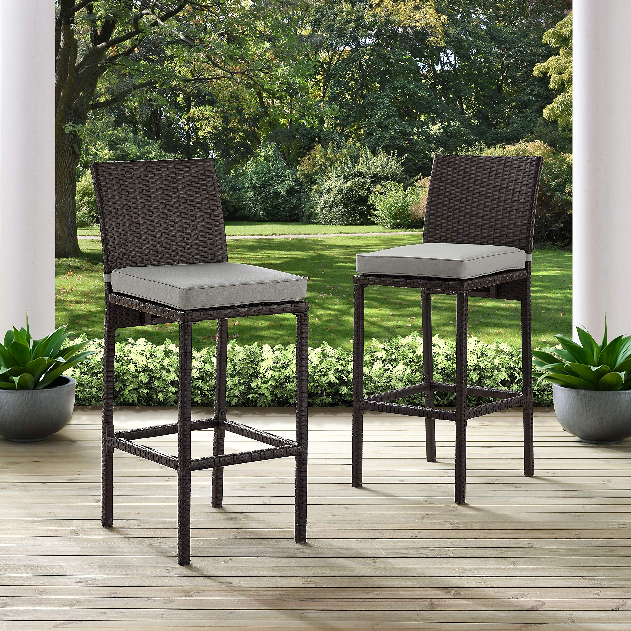 Crosley Furniture Palm Harbor Wicker Outdoor Bar Stools Set of 2 - Brown with Gray Cushion - Patio, Backyard & Balcony Bar Stools for Outdoor Entertaining & Dining