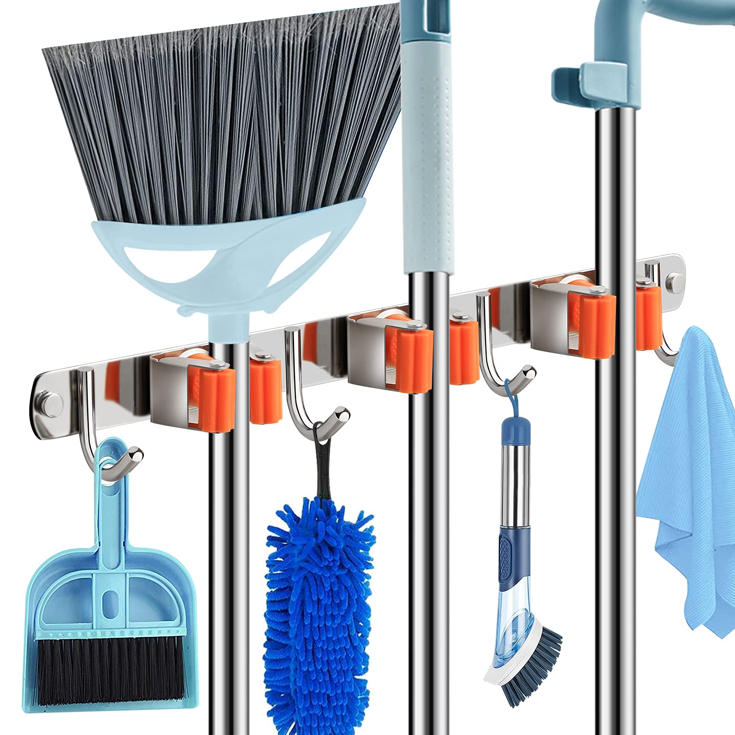 Wall Mounted Broom and Mop Holder with 3 Clamps & 4 Hooks - Space Saving Organizer for Kitchen, Garage, Bathroom, Laundry Room & Garden Storage - Perfect for Home Cleaning Tool Organization