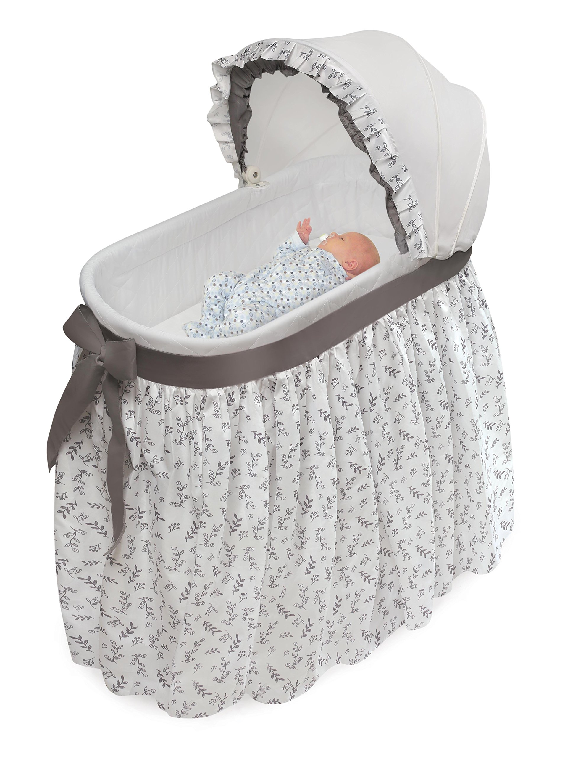 Badger Basket Wishes Rocking Baby Bassinet - Heirloom Quality Bedside Sleeper with Soft Bedding, Comfortable Pad & Storage Basket - Gray/Leaf Design - Perfect for Nursery, Bedroom & Travel Use