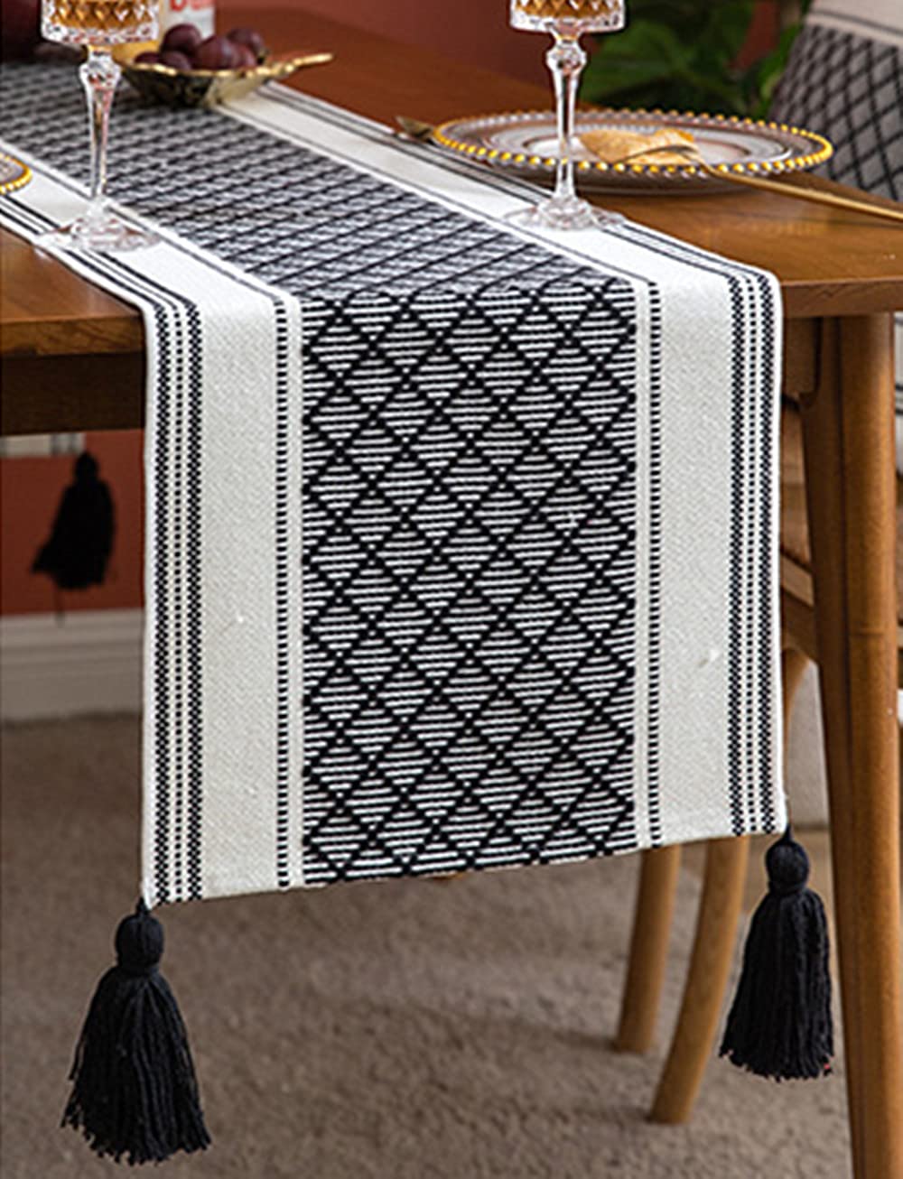 Boho Tassel Table Runner - Farmhouse Rustic Geometric Woven Table Cover for Dining Room Decor, Holiday Parties & Banquets | Perfect for Boho Home Decor, Wedding Reception & Thanksgiving Dinner Table Setting
