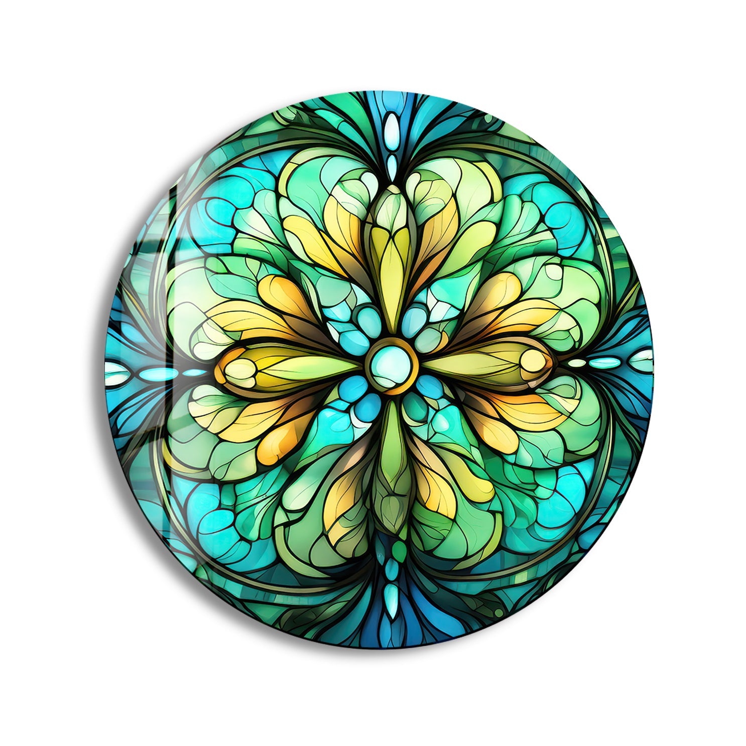 Vintage Round Stained Glass Wall Art with Green Floral Design - Handmade Home Decor for Living Room, Bedroom, or Office