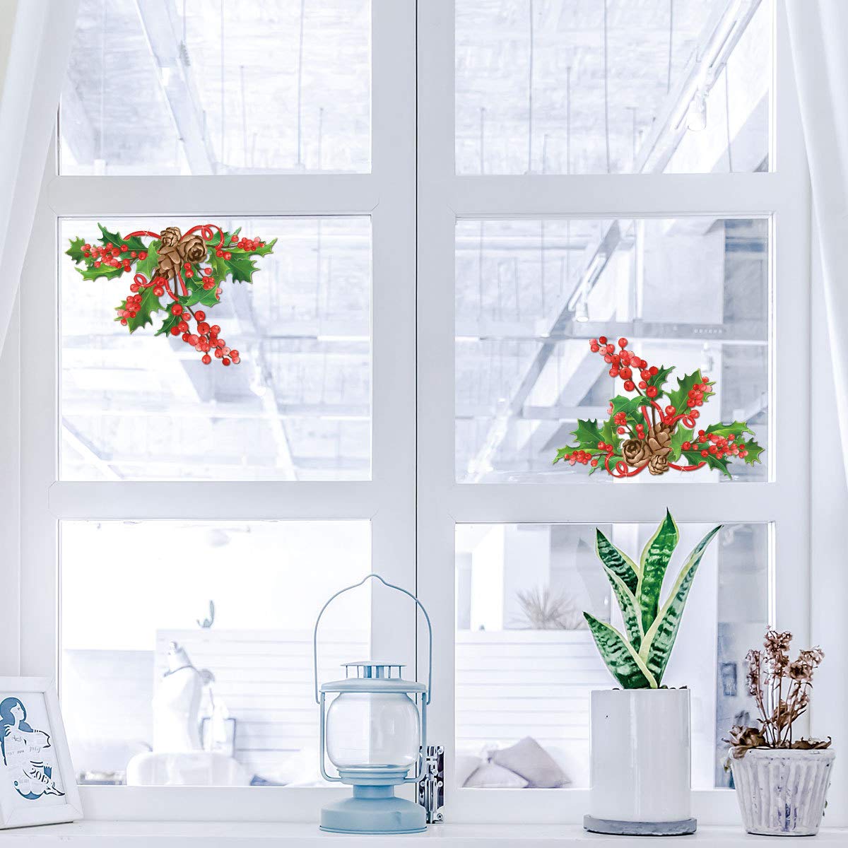 Christmas Window Glass Wall Decals - Red Berry Fridge Refrigerator Stickers, Toilet Lid & Cabinet Glass Diagonal Decorations | Removable Holiday Stickers for Xmas Home Decor | Perfect for Kitchen, Bathroom & Living Room Seasonal Decorating