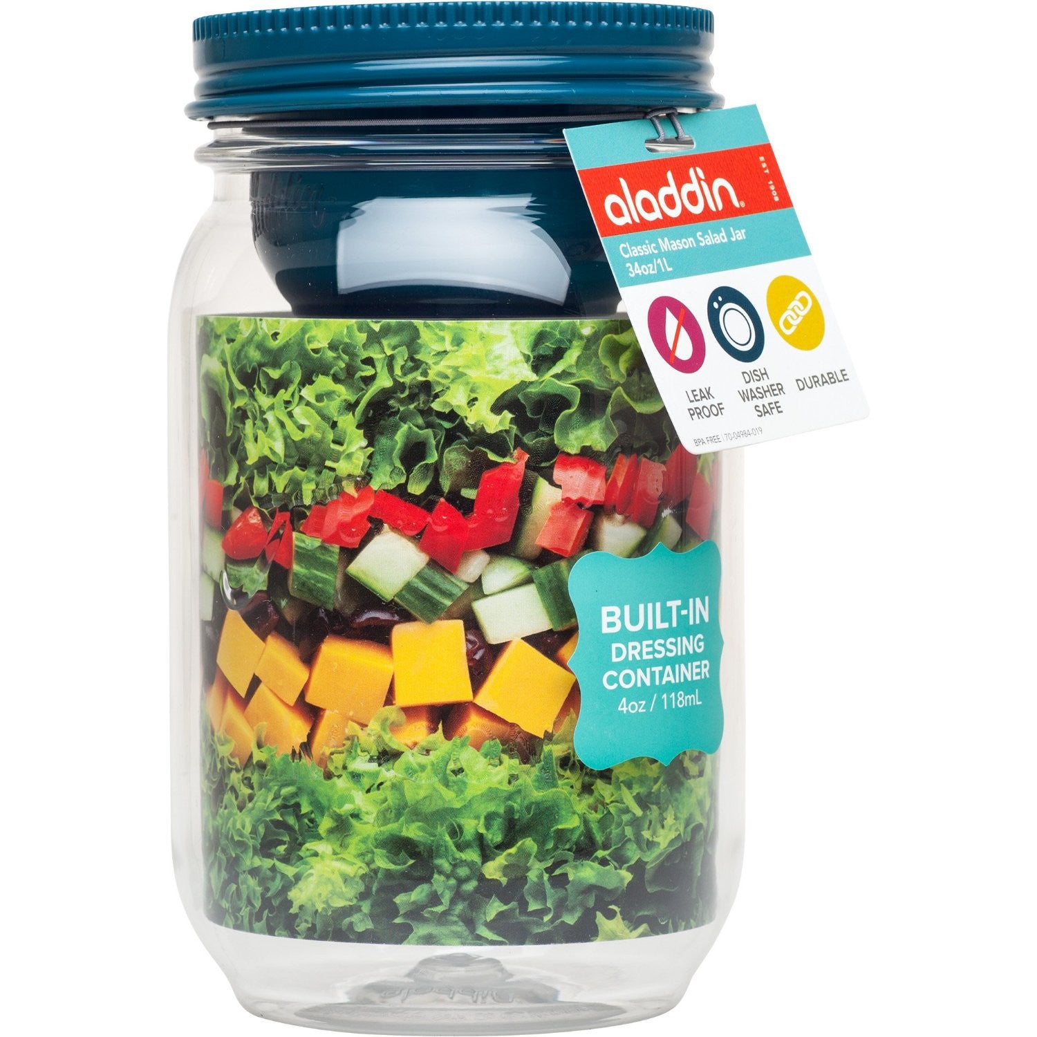 Aladdin Classic Mason Salad Jar with Sauce Holder 34oz (946mL) - Perfect for Meal Prep, Office Lunches & Healthy Eating - BPA-Free Leakproof Glass Container