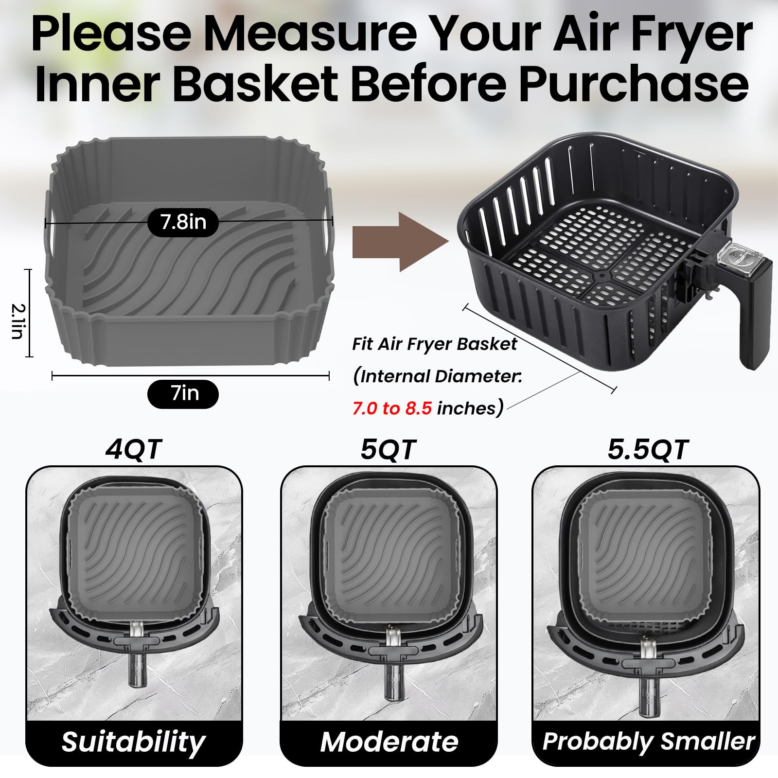 Redfly 2 Pack Reusable Square Silicone Air Fryer Liners for 4-5.5QT & 5-8.5QT Air Fryers - Non-Stick Baking Accessories Replacement for Parchment Paper - Perfect for Roasting, Frying & Healthy Cooking