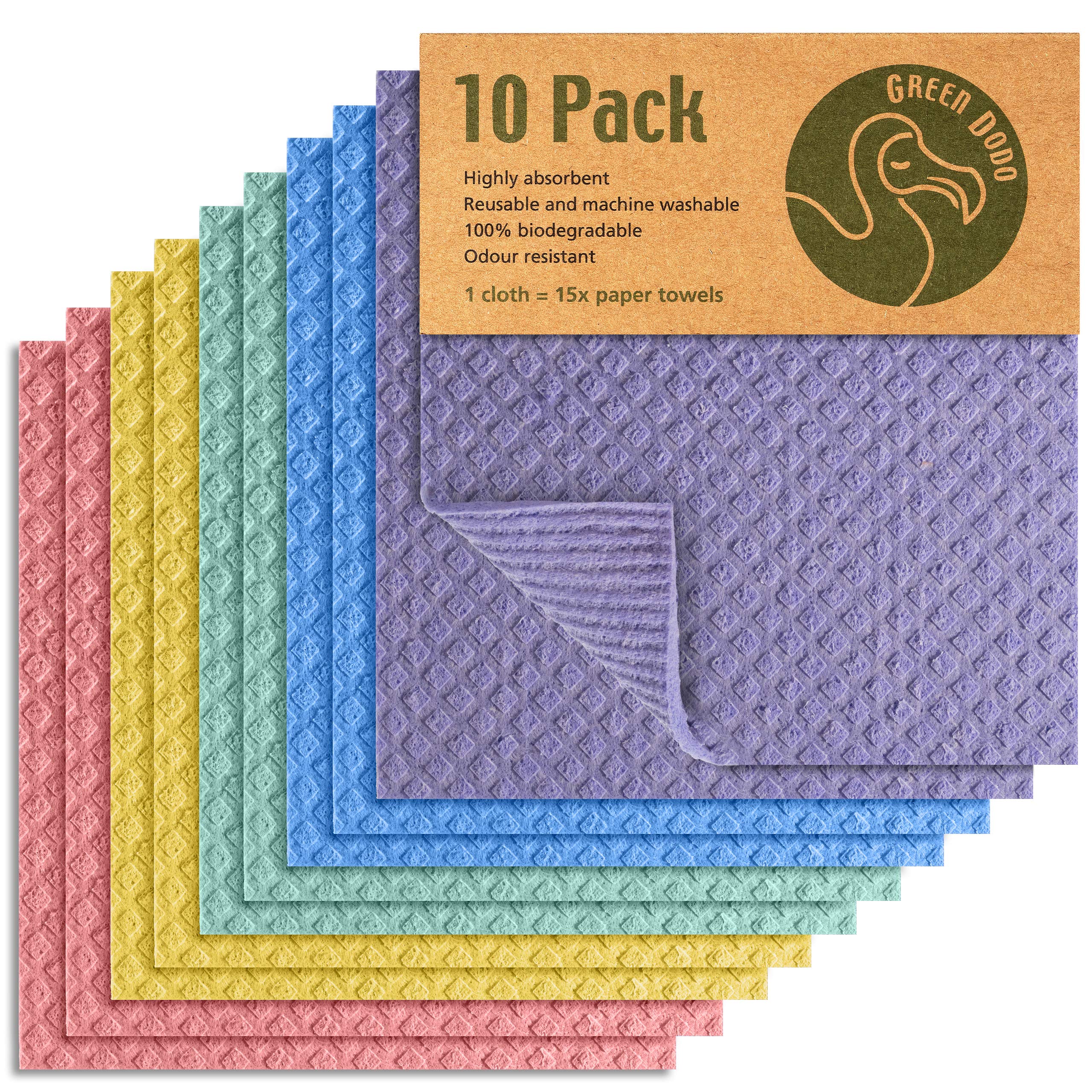 Green Dodo Swedish Dishcloth 10 Pack - Eco-Friendly, Biodegradable & Reusable Kitchen Sponge Cloths - Super Absorbent, Odor-Free Alternative to Paper Towels - Perfect for Dishwashing, Counter Cleaning & Sustainable Home Use