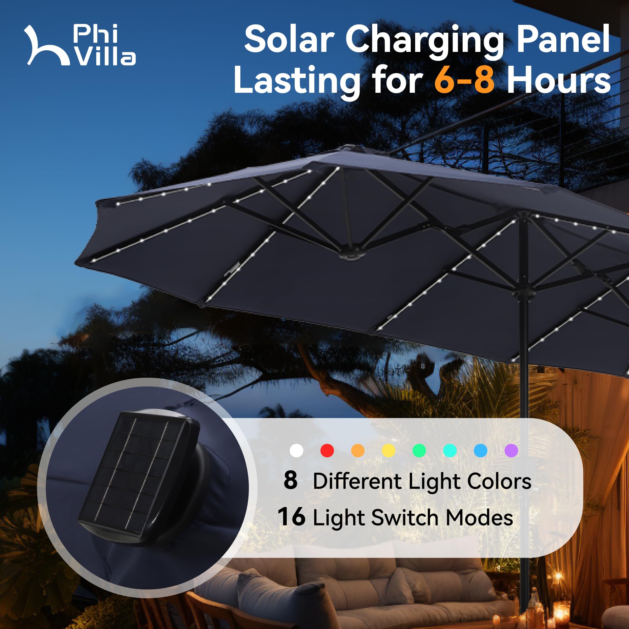 PHI VILLA 13ft Large Outdoor Patio Umbrella with 120 Solar LED Lights - Double-Sided Rectangle Market Umbrella for Deck, Garden, Poolside (Navy Blue, Base Not Included) | Perfect for Backyard, BBQ, and Outdoor Dining