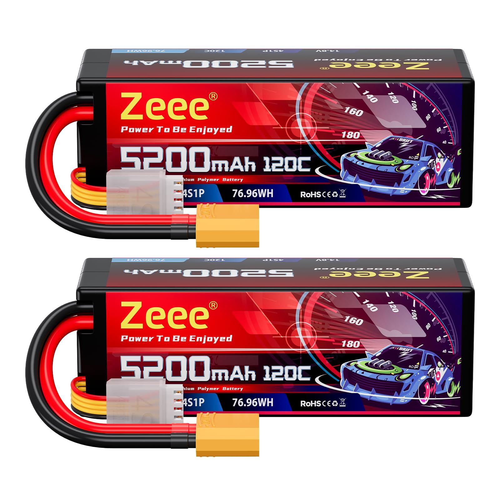 Zeee 4S 14.8V 120C 5200mAh Lipo Battery with XT90 Plug for RC Cars, RC Buggies, Truggies, 1/10 Scale Racing Trucks, RC Boats - High Performance Rechargeable Battery Pack (2 Pack) - Perfect for RC Racing, Off-Road Adventures and Hobby Models