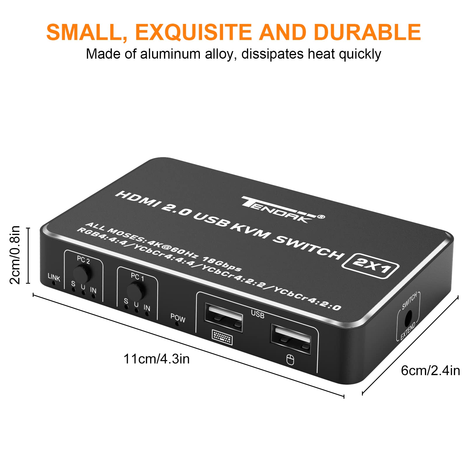 Tendak 2x1 HDMI 2.0 KVM Switch with USB 2.0 Ports - 4K@60Hz HDCP 2.2 Support for PC, PS4, Xbox - Keyboard & Mouse Sharing Switch for Dual Computer Setup - Perfect for Gaming, Office & Home Theater Systems