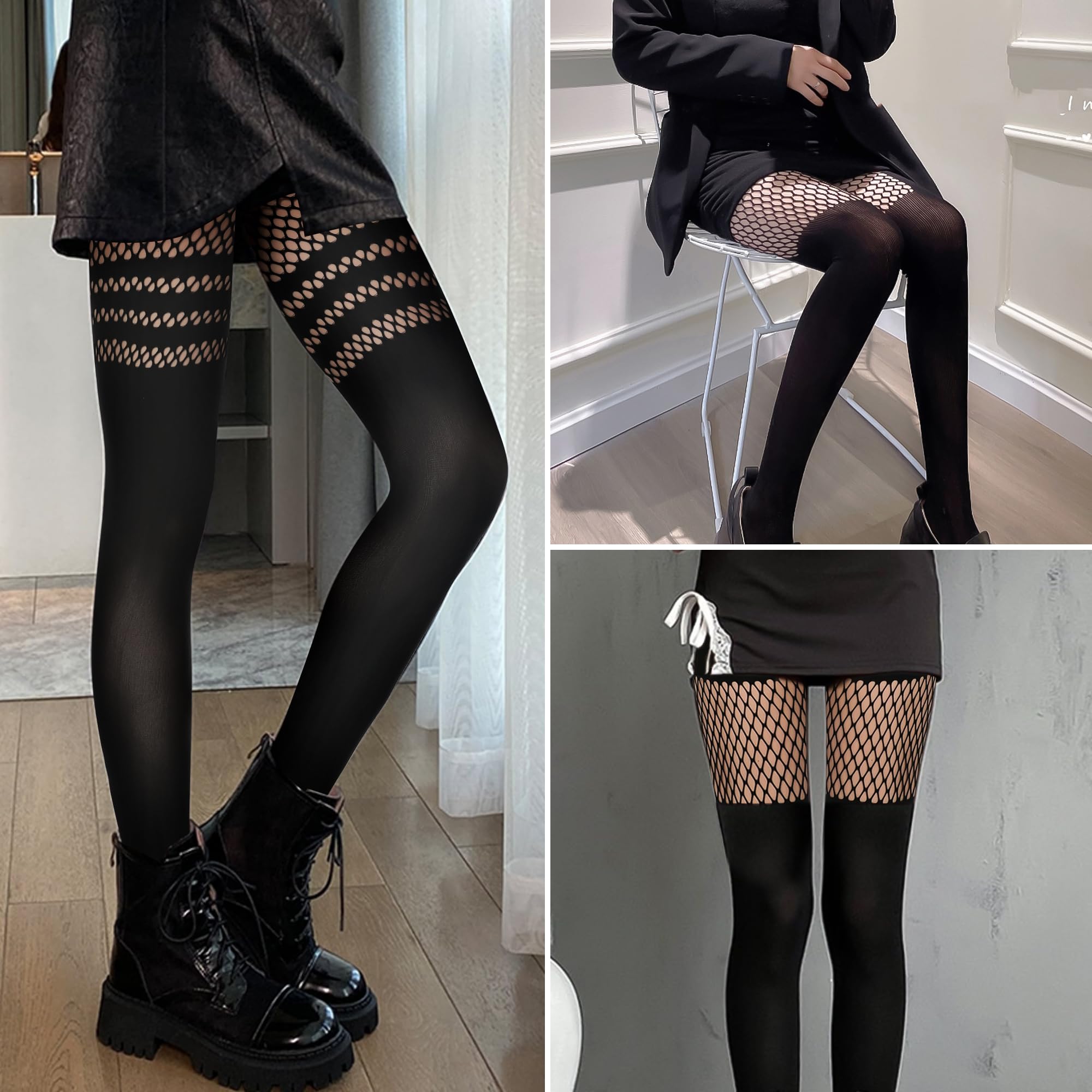 MANZI Women's Faux Thigh High Fishnet Stockings - Opaque Pantyhose with Striped Suspender Tights - Gothic Style Over The Knee Socks for Cosplay, Halloween, Burlesque & Night Out