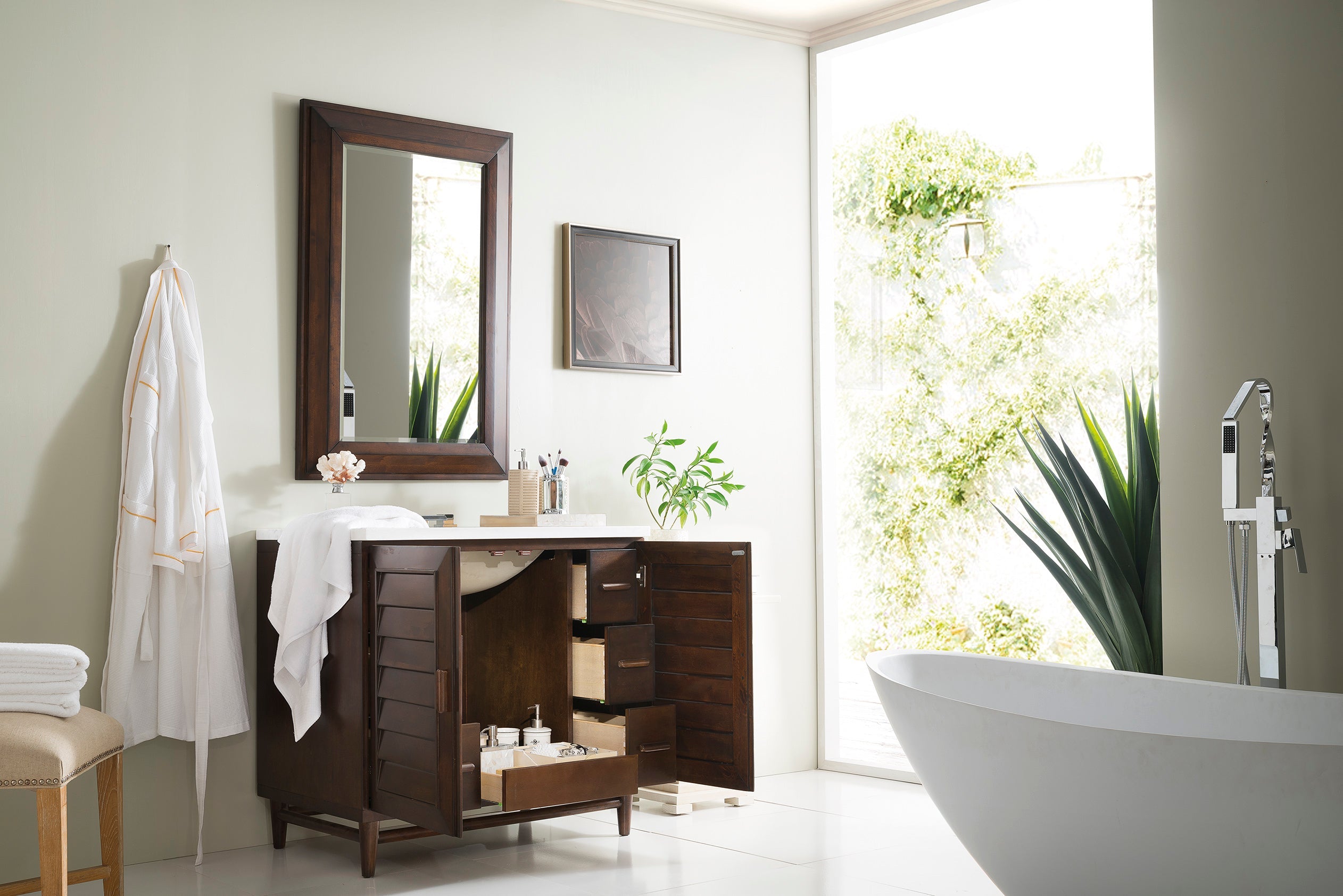 Portland 36 Inch Single Bathroom Vanity with Burnished Mahogany Finish & 3CM Classic White Quartz Countertop - Perfect for Modern Master Bathrooms and Powder Rooms