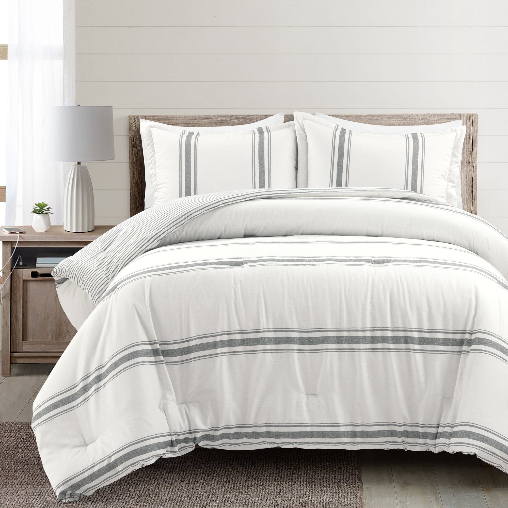 Farmhouse Stripe Reversible Comforter Set - Queen Size, Soft Breathable Cotton Bedding - Perfect for Cozy Bedroom Decor & Guest Room Styling