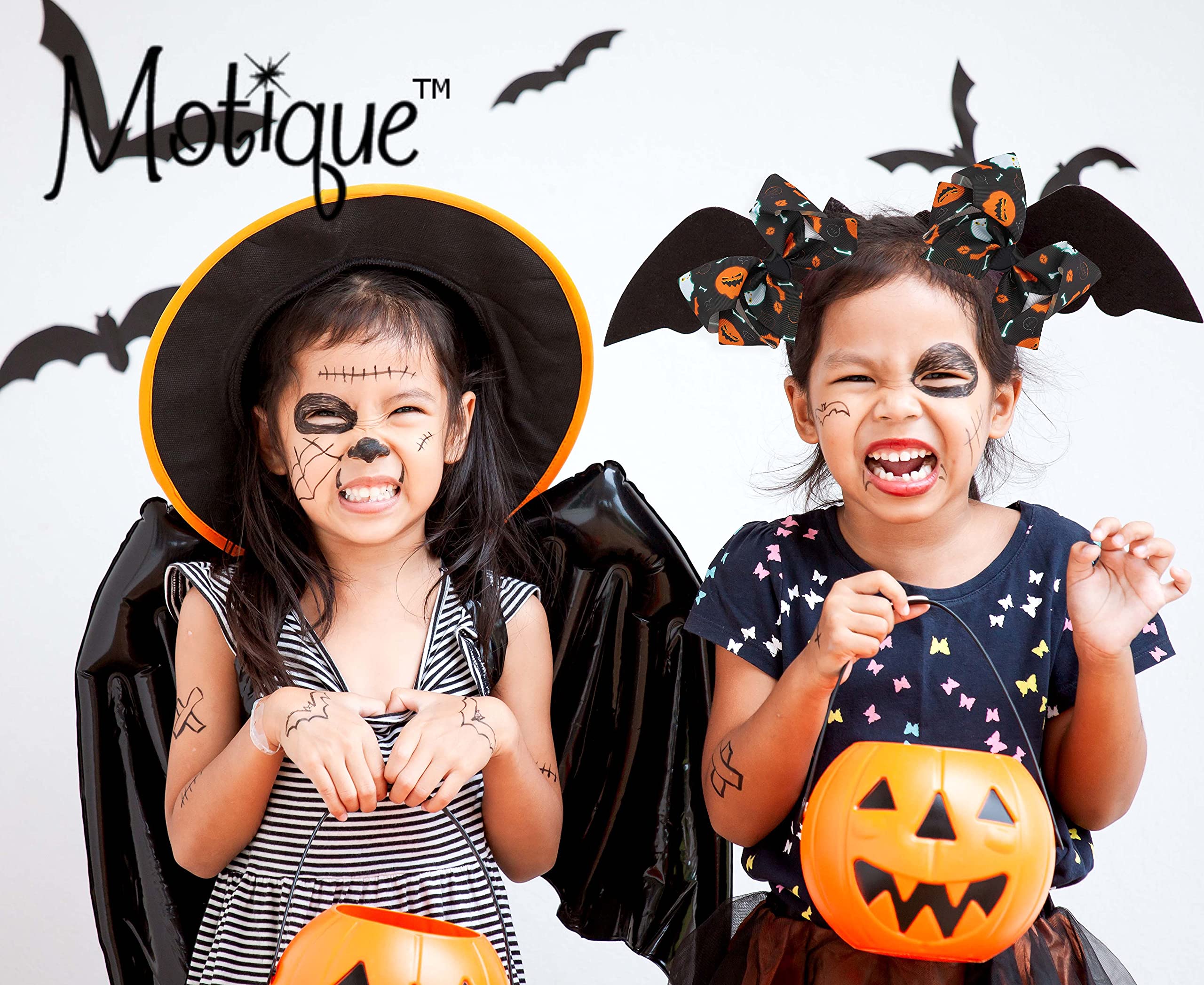 Four Black Halloween Hair Bows with Skulls Ghosts & Bats - Gothic Hair Accessories for Women, Girls Costume Party, Cosplay, Haunted House Events