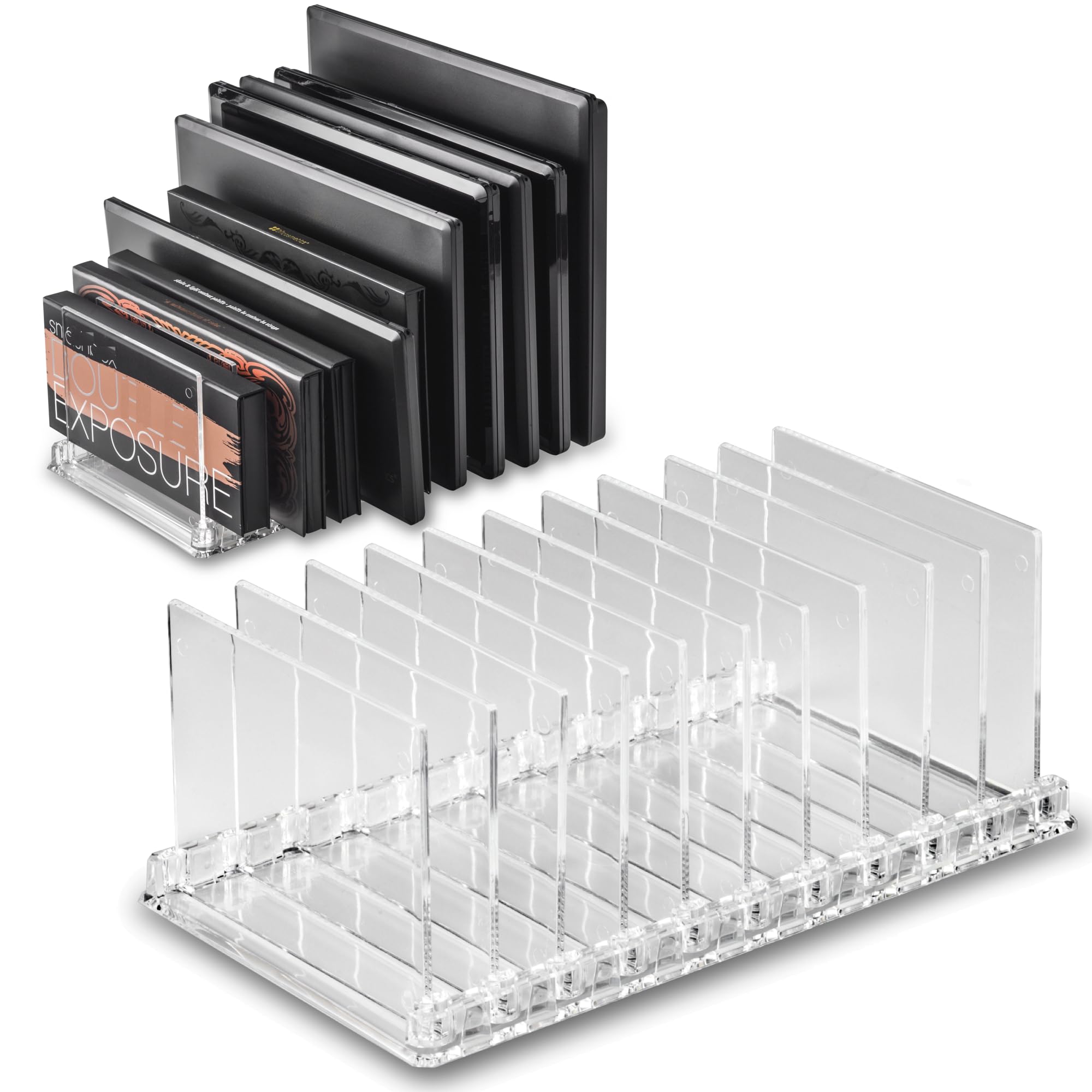 Alegory Acrylic Makeup Eyeshadow Palette Organizer with Removable Dividers - 10 Compartment Clear Vanity Storage for All Palette Sizes | Perfect for Makeup Artists & Beauty Enthusiasts | Ideal for Vanity Table, Bathroom Counter & Travel Makeup Case Organization