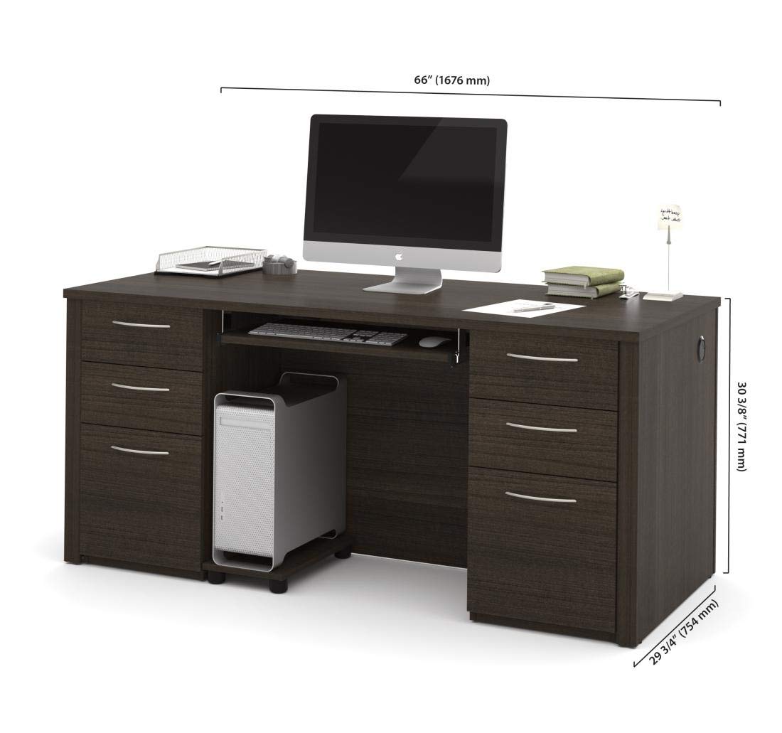 Bestar Embassy 66W Executive Office Desk with Two File Pedestals - Dark Chocolate Finish for Home & Business Workspaces