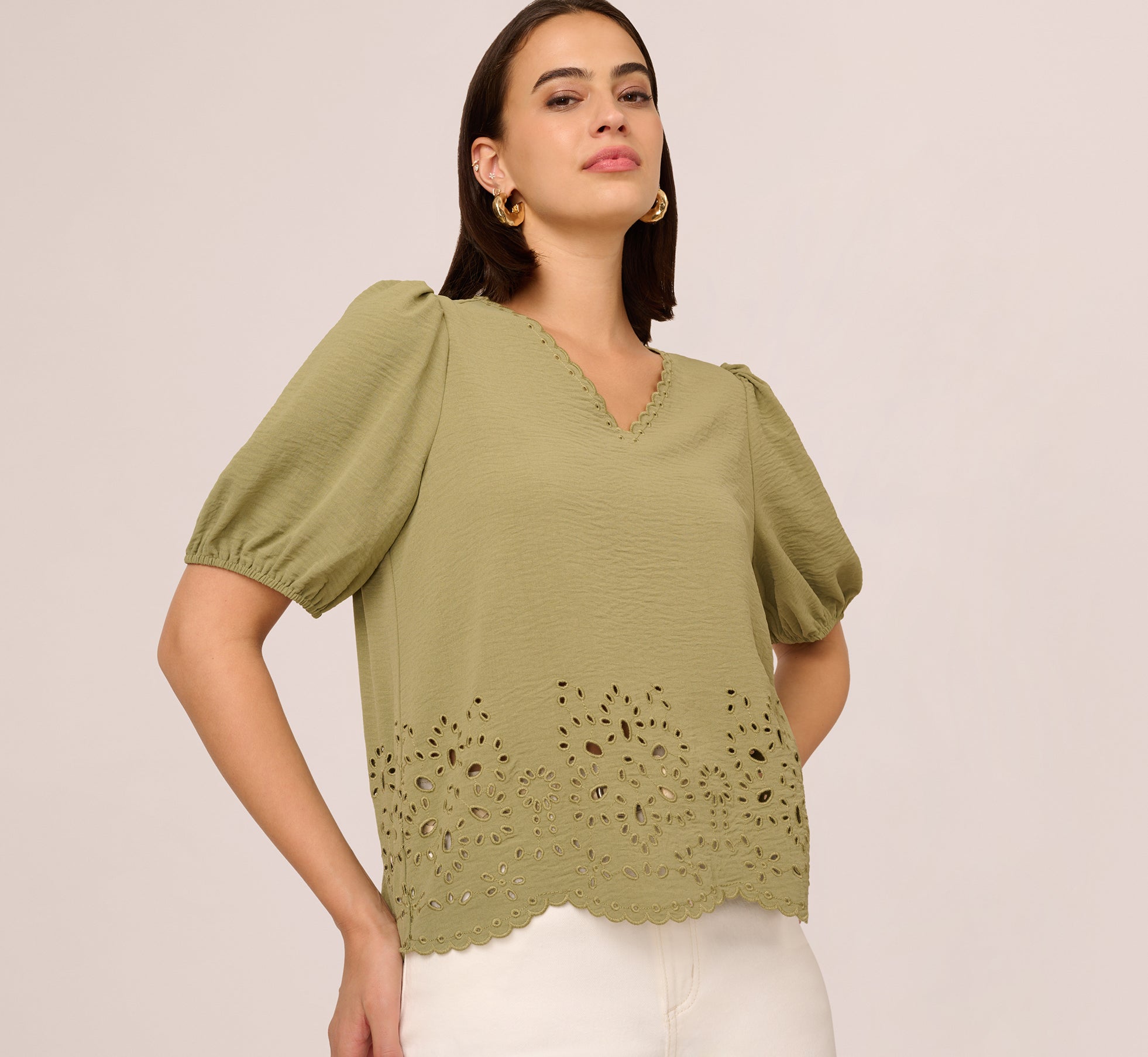 Oil Green Short Sleeve Scalloped Eyelet Top for Women - Summer Casual Blouse, Beach Outfit & Boho Fashion