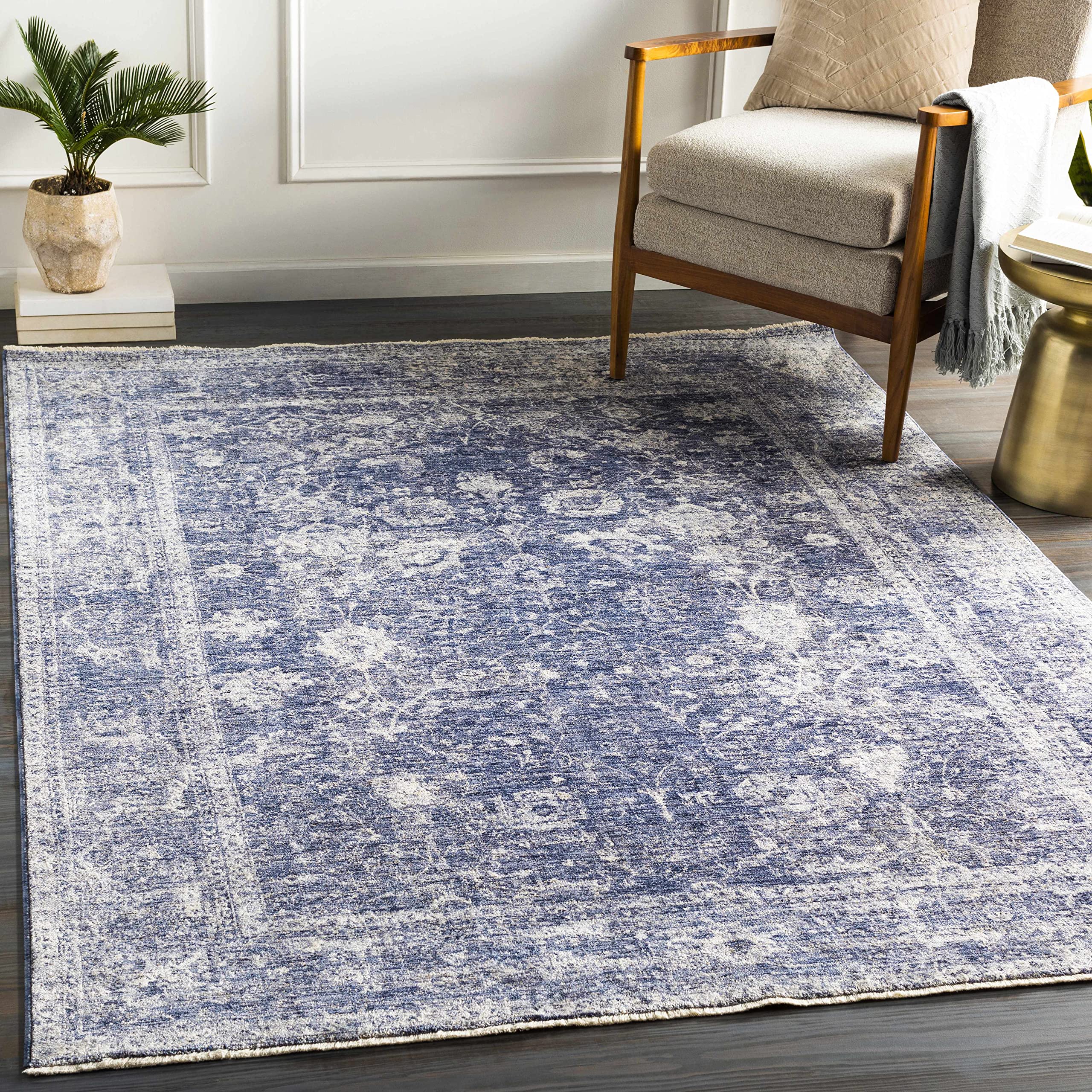 Hauteloom Eastham Traditional Blue Beige Area Rug 8' x 10' - Soft Living Room & Bedroom Carpet - Perfect for Home Decor, Cozy Spaces & Modern Interiors