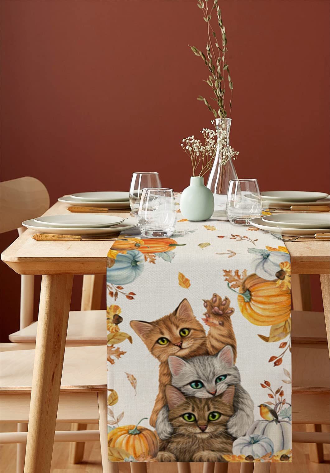 72 Inch Cotton Linen Table Runner - Thanksgiving & Fall Farmhouse Decor with Pumpkin Cats & Maple Leaf Design for Dining Table, Coffee Table, Wedding Party | Rustic Burlap Kitchen & Home Decoration Scarf
