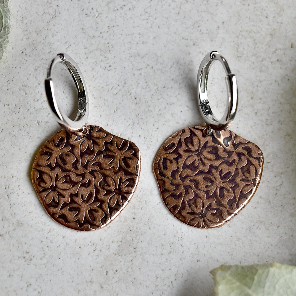 Trillium Silver Huggie Hoop Earrings with Patterned Copper Drop - Elegant Boho Jewelry for Women | Perfect for Everyday Wear, Date Nights & Special Occasions