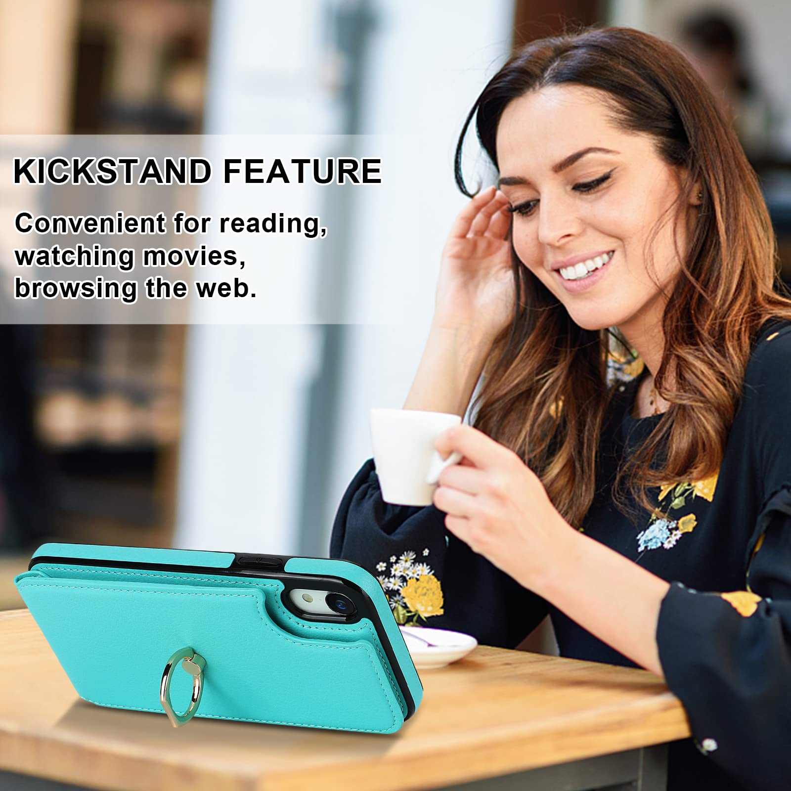 Folosu iPhone XR Wallet Case with Card Holder & 360° Rotating Finger Ring Stand - RFID Blocking PU Leather Flip Cover with Kickstand & Double Button Closure (6.1 Inch, Mint Green) - Perfect for Work, Travel & Everyday Protection