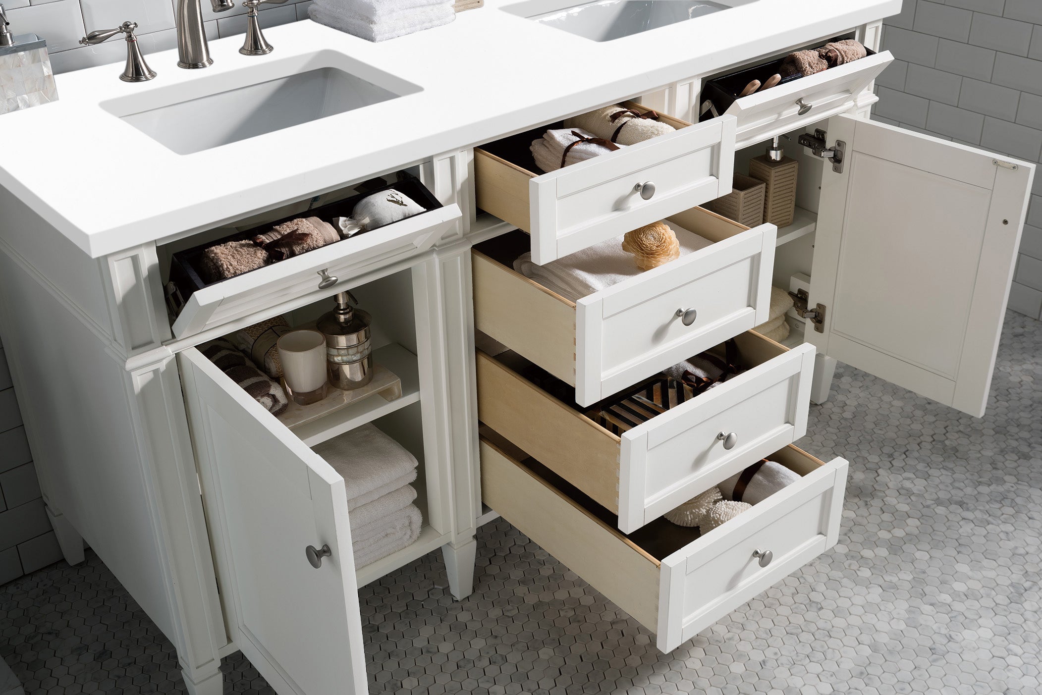 Brittany 60-Inch Bright White Double Bathroom Vanity with 3CM White Zeus Quartz Countertop | Modern Bathroom Upgrade for Master Suite & Guest Bath