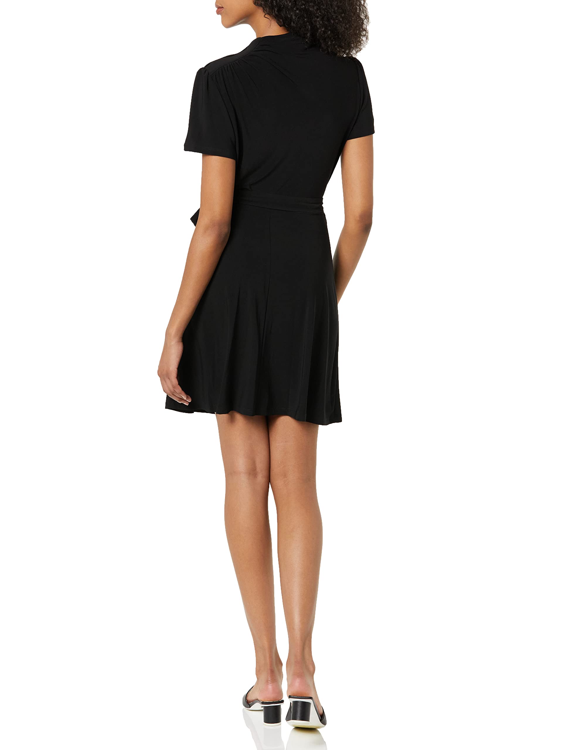 DKNY Women's Short Sleeve Funnel Neck Belted Fit and Flare Dress - Elegant Office Wear & Cocktail Party Outfit