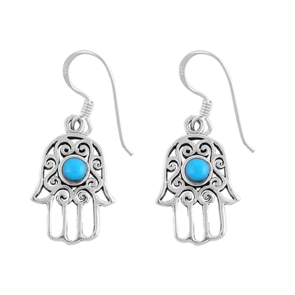 Simulated Turquoise Hamsa Fishhook Dangle Earrings - 925 Sterling Silver Jewelry for Women - Boho Chic Accessories for Parties & Everyday Wear