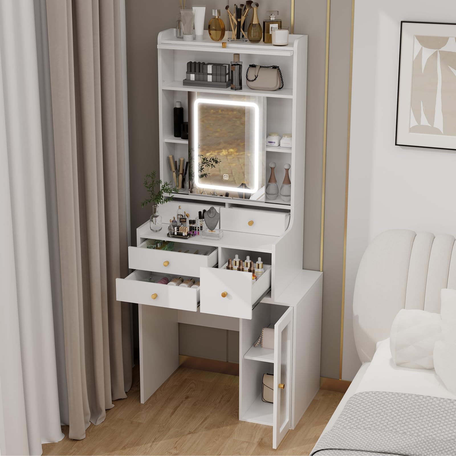 ARTETHYS Small Vanity Desk with Sliding Mirror & LED Lights - White Makeup Dressing Table with Drawers, Cabinet & Adjustable Shelves - Compact Bedroom Vanity Set for Women, Girls | Perfect for Small Spaces & Home Decor