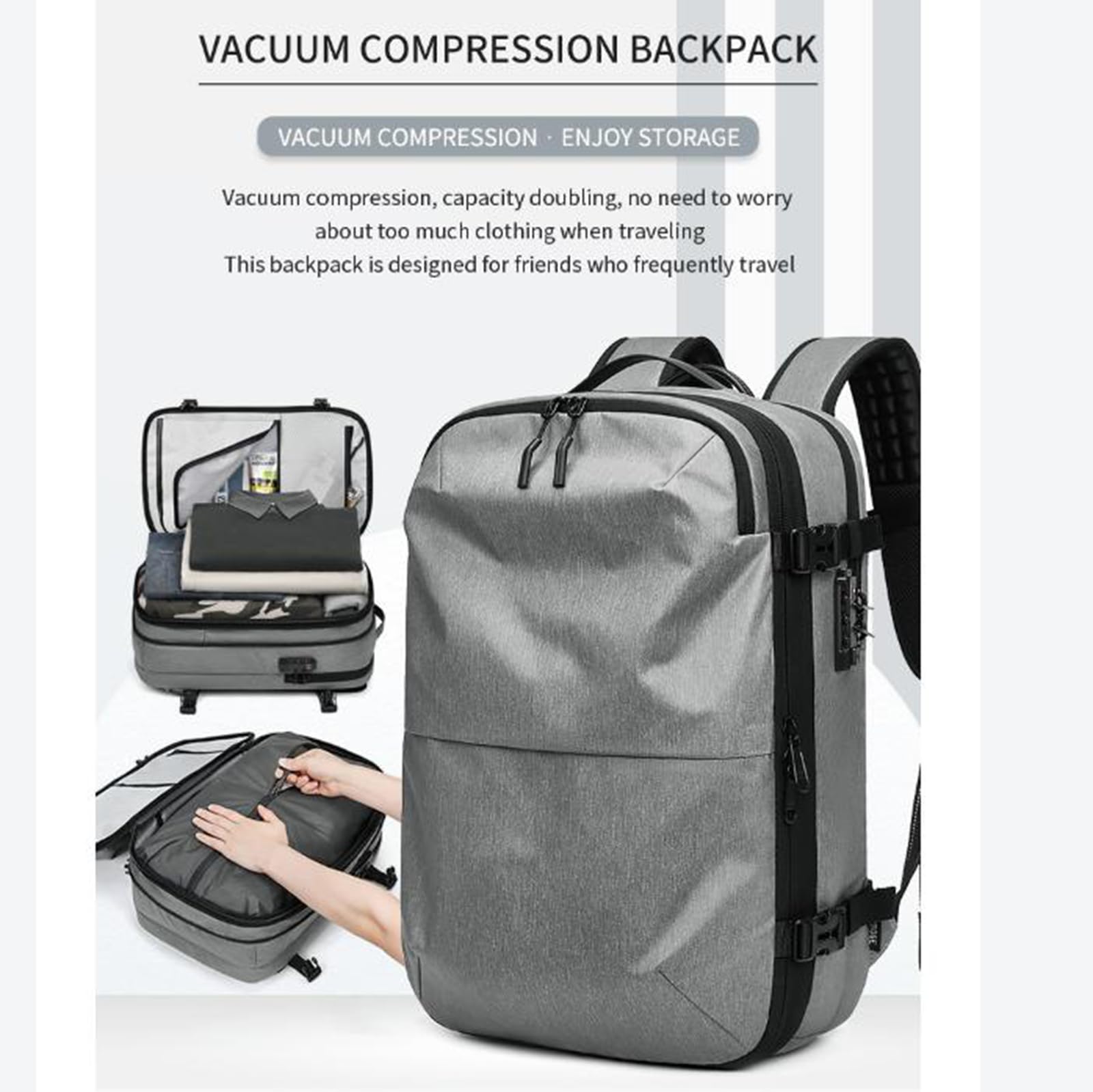 Matt Black Expandable Travel Backpack with Air Pump - Perfect for Hiking & Vacations