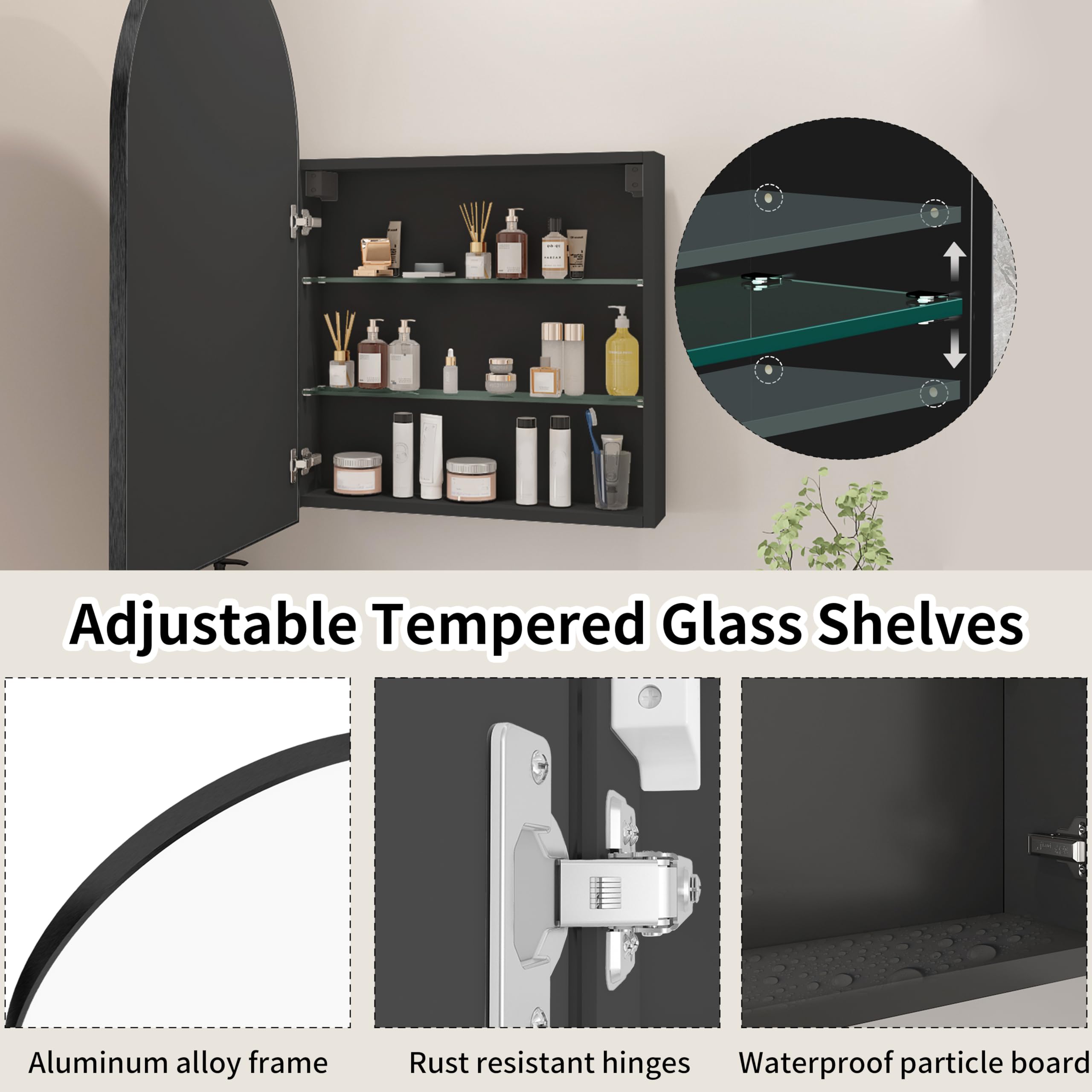 Black Arched Wall Mounted Medicine Cabinet with Mirror - 20x32 Inch Modern Vanity Storage Cabinet with Adjustable Shelves (Not Recessed) - Perfect for Bathrooms, Bedrooms & Powder Rooms