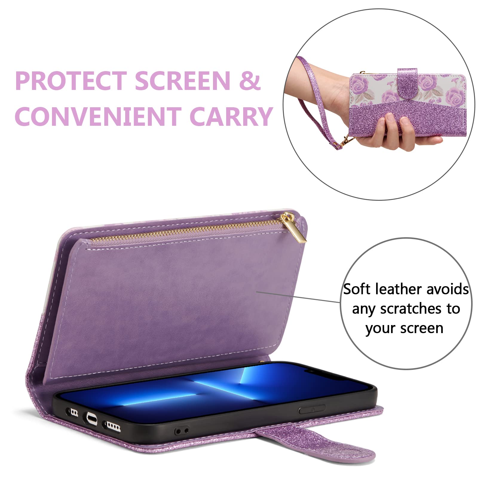 UEEBAI Wallet Case for iPhone 13 Pro Max - PU Leather Magnetic Closure with Zipper Pocket, Kickstand, Card Slots & Hand Strap | Rose Gold Flip Phone Case for Women (Bling Purple) - Perfect for Travel, Shopping & Everyday Use