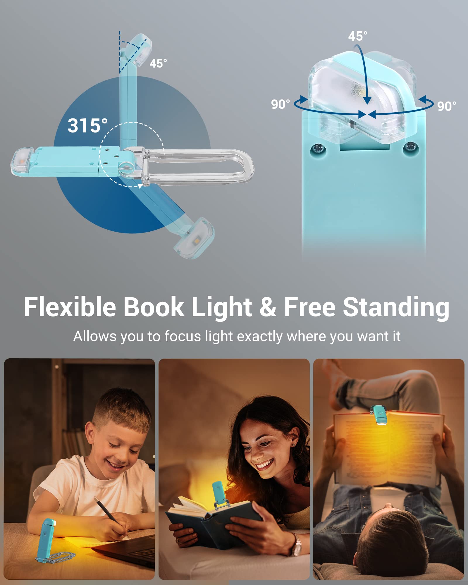 DEWENWILS USB Rechargeable Book Light with Adjustable Brightness - Amber Glow & Blue Light Blocking LED Clip-On Reading Light for Kids & Adults | Perfect for Bedtime Reading, Travel & Study (Blue)