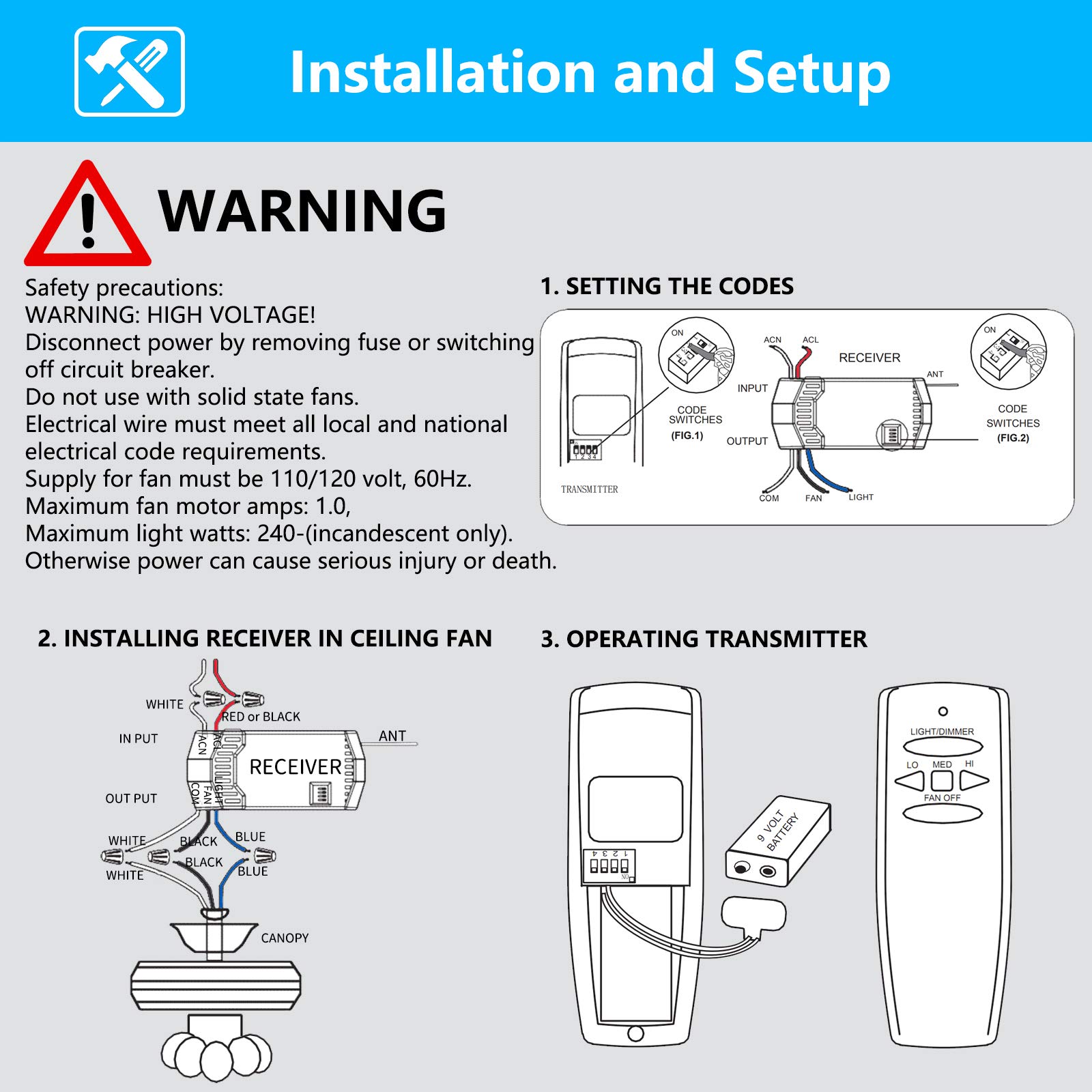 Universal Ceiling Fan Remote Control & Receiver Kit - 3-Speed with Light Dimmer, Compatible with Hampton Bay, Hunter, Harbor Breeze (Replaces FAN28R, FAN-53T, L3H2010FANHD, CHQ7078T, UC7078T, Fan-HD, HD5) - Perfect for Bedroom, Living Room & Outdoor Spaces